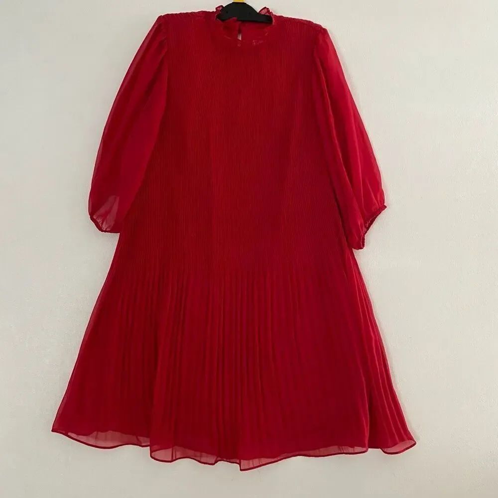 Nanette Lepore Pleated Red Chiffon Dress Puff Sleeve Fit & Flare Size 12
